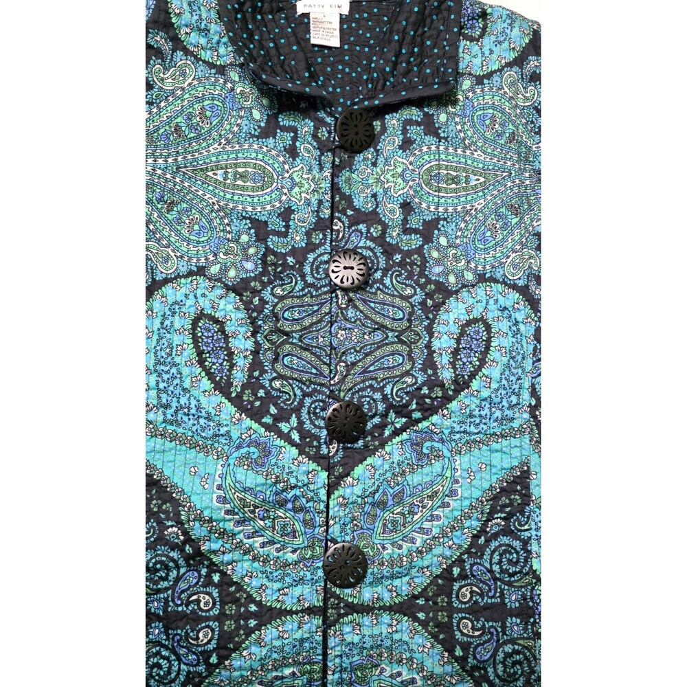 PATTY KIM Women's Jacket Blue Multi Paisley Polka Dot Reversible Sz Large Coat - Picture 6 of 12